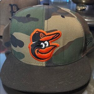 New Era Baltimore Orioles Camouflage Baseball Cap with Orange Logo Fitted Size 8